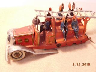 1930s George Fischer Tin Litho Penny Toy Fire Truck w Ladder & Bell Germany 3