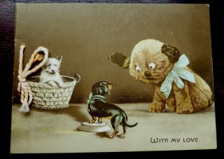 Vintage Christmas Greetings Card Dogs & Stuffed Animal Dog
