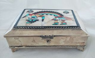 Vintage American Indian Huge Sterling Silver Box 1073grams Inlay Zuni Navajo