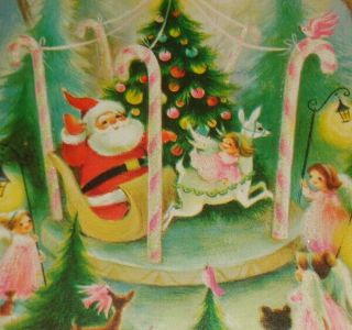 Vintage Christmas Card,  Adorable Angels And Santa On Carousel,  7 1/4 "
