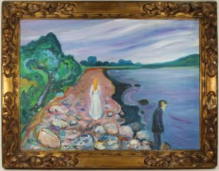 Norwegian Edvard Munch Signed Vintage Oil Painting On Canvas