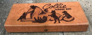 Vintage Collie Dog W/puppies School Box Pencil W/pull Out Drawer Cardboard