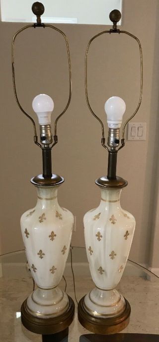 Set 2 Vintage Frederick Cooper White Opaline Glass Lamp Fleur - De - Lis Mid Century