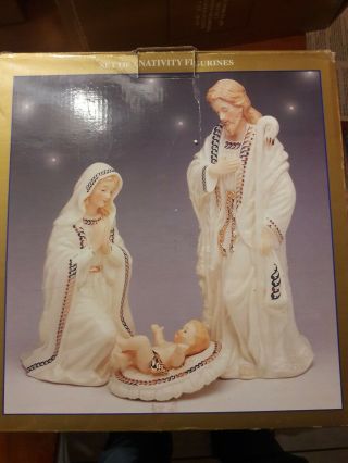 Jade Porcelain Joseph Mary Baby Jesus Nativity Figurines W/ Gold Accent Bon Ton