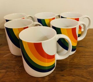 Set Of 6 Vintage Rainbow Coffee Mugs F.  T.  D.  A.  Ceramic 1984 Pride Cups