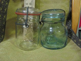 2 Vtg Atlas Canning Jar E Z Seal With Lid Wire Bail,  Blue Pint & Clear Pint