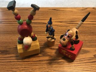3 Vintage Wooden Push Button Toys Kohner Acrobat Circus Clown Trix Dog & Clown