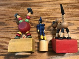 3 Vintage Wooden Push Button Toys Kohner Acrobat Circus Clown Trix Dog & Clown 2