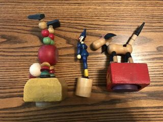 3 Vintage Wooden Push Button Toys Kohner Acrobat Circus Clown Trix Dog & Clown 3