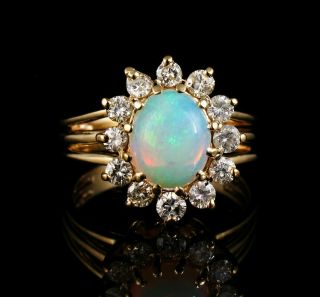 Vintage Fine Natural 2.  75ctw Australian Opal & Diamond Halo Solid 14k Gold Ring