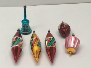 6 Antique Vtg Christmas Ornaments Berry,  Twisted Spiral Icicles,  Bell W/handle,