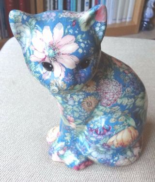 Vintage Large Chintz Cat – Ceramic Covered With Lacquered Fabric