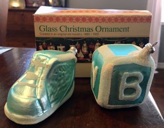 Vintage Baby Blue Boy Shoe & Block German Blown Glass Christmas Ornament Box