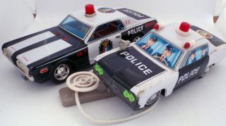 Taiyo Mercury Cougar,  Ichiko Pu 2 - Door Police Cars Tin Toys Japan Vintage