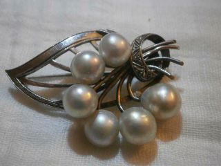 Fine Vintage Sterling Silver & Cultured Pearl Brooch By Mikimoto