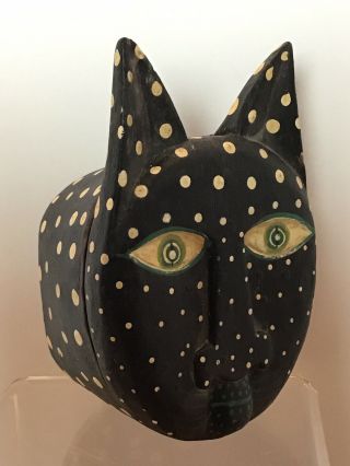 Primitive Vintage Carved Cat Hinge Trinket Box Black Distressed Painted Wood