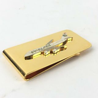 Vintage Pan Am American Airlines Gold Money Clip With 747 Plane Image