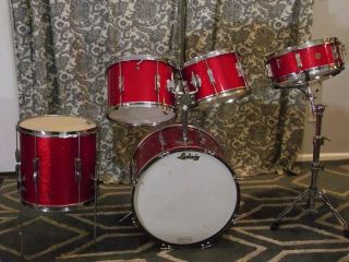 1965 1966 Red Sparkle Ludwig 5 Piece Drum Set Vintage