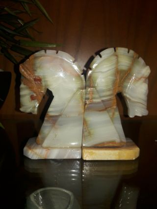 Horse Head White Onyx Marble Stone Bookends X2