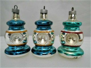 3 Large Vintage Premier Striped Indented Railroad Lantern Glass Ornaments