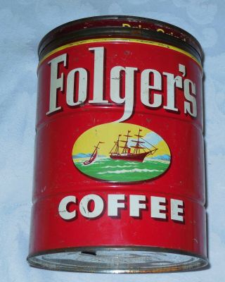 . Vintage Folgers Coffee Can Key Wind 2 Lb Tin Folger 