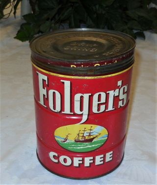 . VINTAGE FOLGERS COFFEE CAN Key wind 2 lb TIN Folger ' s Ships 1952 2