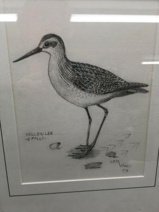 1982 Lem Ward Yellow Leg Bird Framed Pencil Drawing Art Signed 2