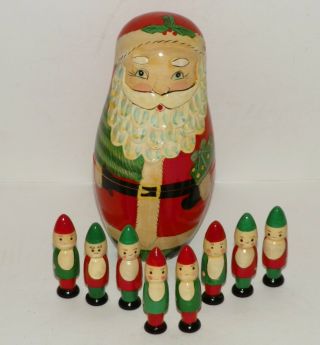Vintage Wooden Nesting Santa Claus With 8 Wood Elves Christmas
