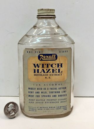 Vintage Rexall Drug Co Witch Hazel Bottle W/lid One Pint Apothecary Medicine