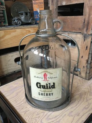 Vintage Gallon Old Guild California Sherry Bottle Wine Metal Carrier Lodi