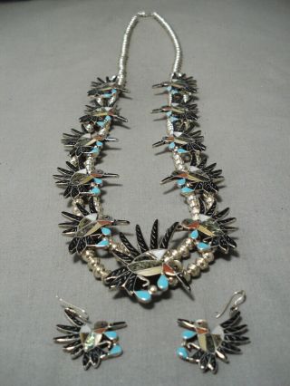 Important Vintage Zuni Ed Leekity Inlay Turquoise Coral Sterling Silver Necklace