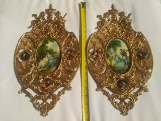 Large Vintage Brass And Painted Porcelain Wall Plaques (pair) In Cond.