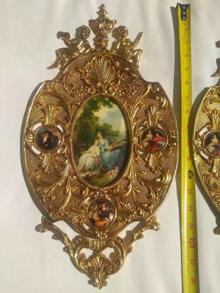Large Vintage Brass and Painted Porcelain wall plaques (PAIR) in Cond. 2