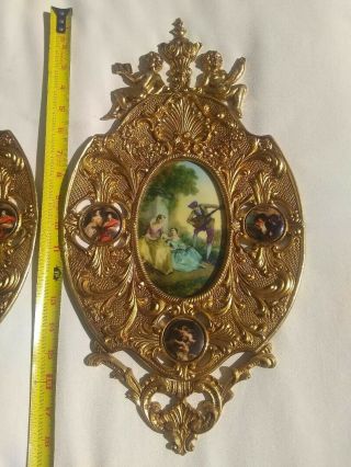 Large Vintage Brass and Painted Porcelain wall plaques (PAIR) in Cond. 3