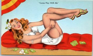 Vintage Pin - Up Girl Postcard Beach Blanket " Come Play With Me " Canada C1940s Eo7