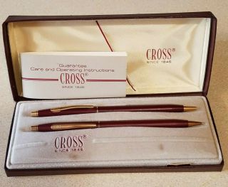 Vintage Cross Classic Pen & Pencil Set Matte Burgundy With Gold Trim & Box