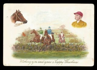 U89 - Jockeys Riding Horses - Steeplechase - Large Victorian Xmas Card