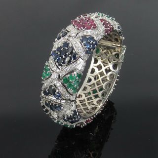 Vintage 12.  0ct Diamond 50.  0ct Sapphire Ruby Emerald 18k White Gold Dome Bangle