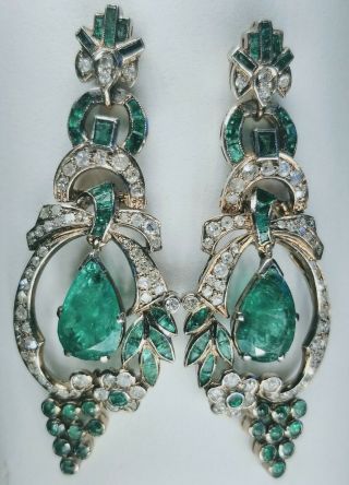 Antique 1920s Fine 14k White Gold With Diamonds And Emeralds Estate Earrings