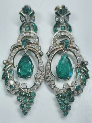 Antique 1920s Fine 14K White Gold with Diamonds and Emeralds Estate Earrings 2