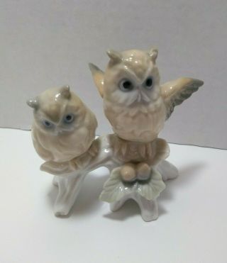 Vintage Otagiri Porcelain Owl Figurine 2 Owls Sitting On Branch Japan