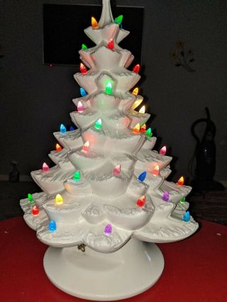 Gorgeous 20” Vintage Musical White Ceramic Christmas Tree Lighted Music Box
