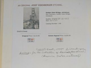 Color Etching Golden Gate Bridge Josef Eidenberger Signed/Provenance 3