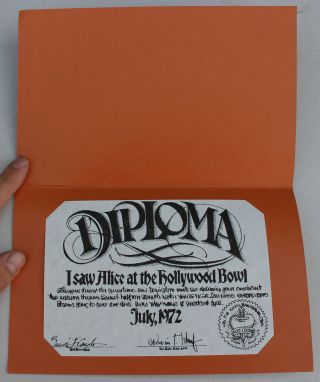 Rare Vintage 1972 Alice Cooper Live At Hollywood Bowl Concert Show Diploma Card