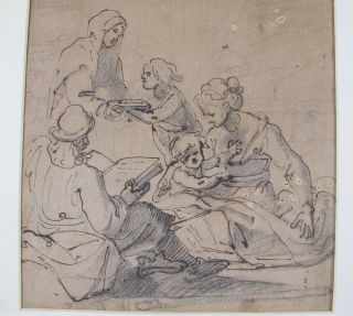 Antique 17th C Old Master Pen Ink Graphite Drawing Peasant Family Laid Paper Yqz