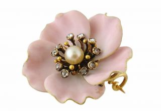 French Antique Victorian 18K Gold,  Enamel,  Rose - cut Diamond Flower Brooch 2
