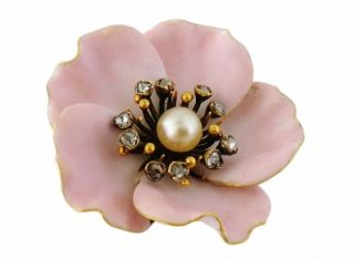 French Antique Victorian 18K Gold,  Enamel,  Rose - cut Diamond Flower Brooch 3