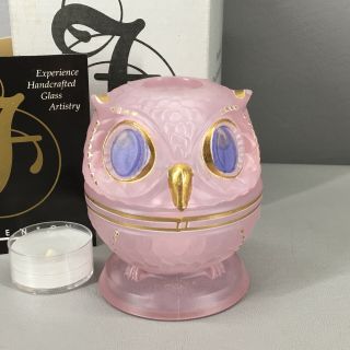 Vintage Fenton Pink Satin Glass Owl Fairy Lamp Hand Painted Signed A Russell