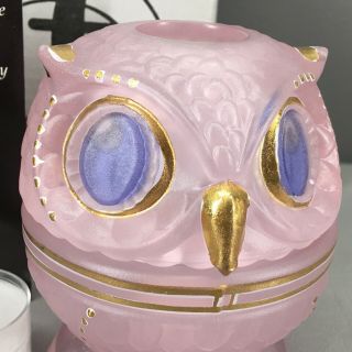 Vintage Fenton Pink Satin Glass Owl Fairy Lamp Hand Painted Signed A Russell 2