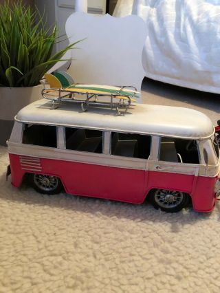 Vintage Style Tin Car Toys Decorative Collectibles Retro Bus Pink White 14”x7”